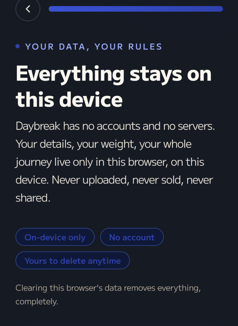 Daybreak privacy view explaining that user data stays on the device