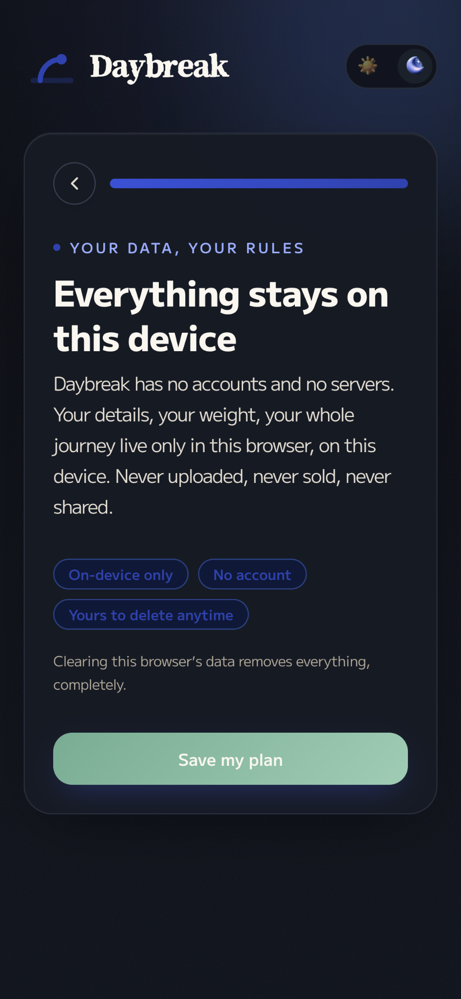 Daybreak privacy screen explaining that data stays on the user's device