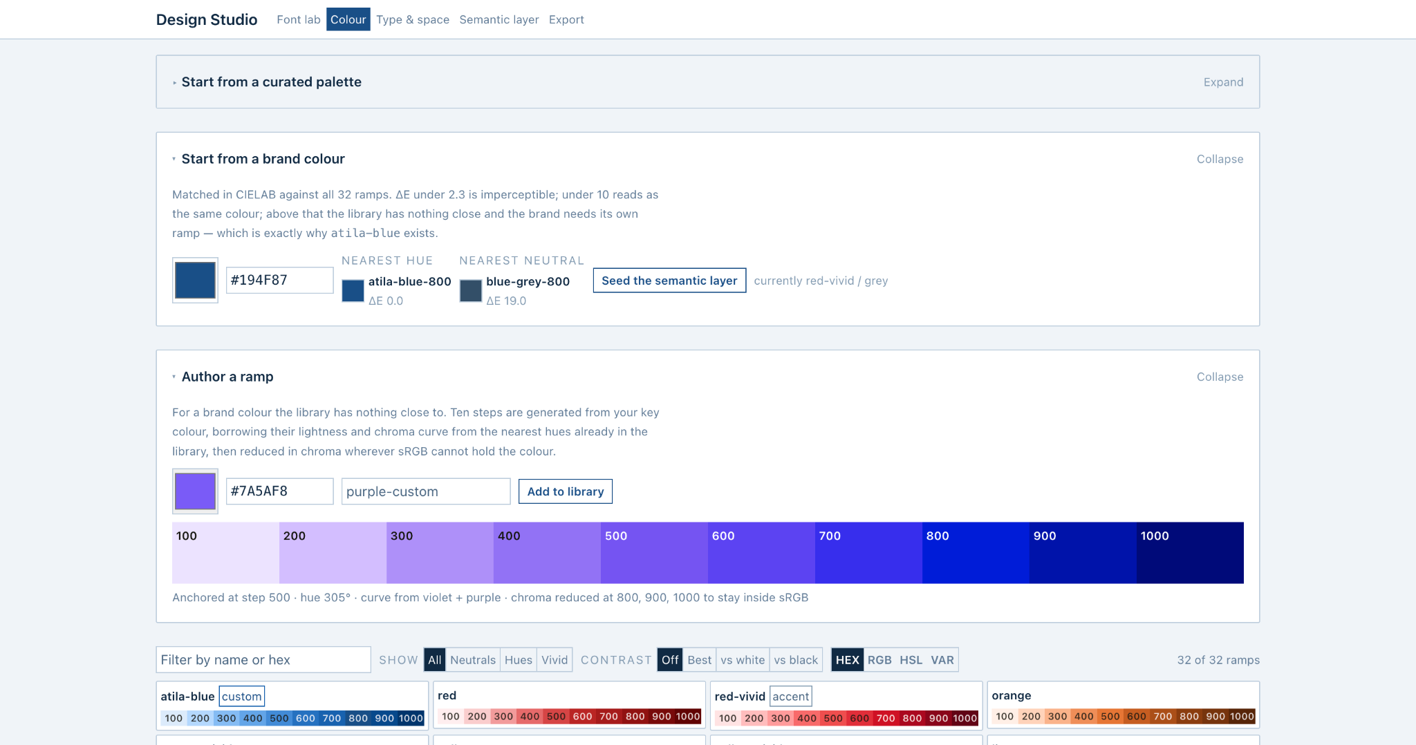 Design Studio Colour workspace showing brand colour matching and a generated custom purple ramp