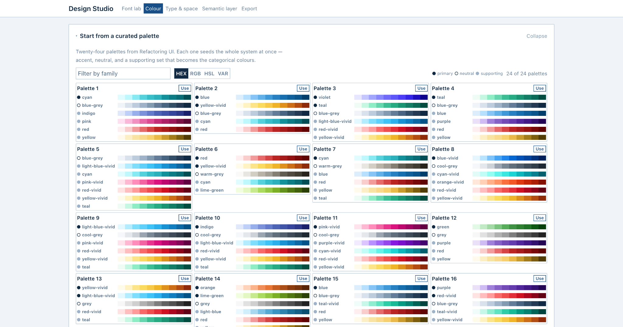Design Studio showing 24 curated colour palettes