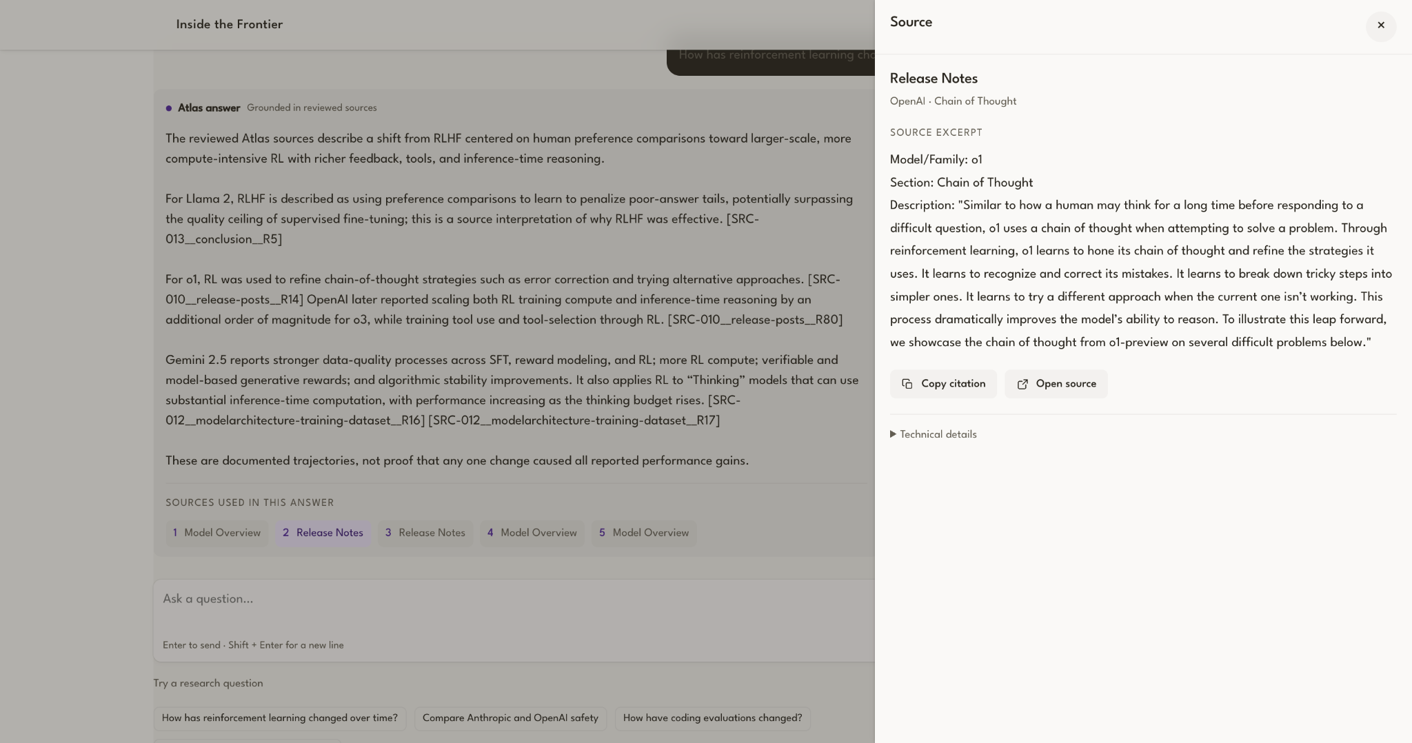 Inside the Frontier source drawer showing the source excerpt and citation controls