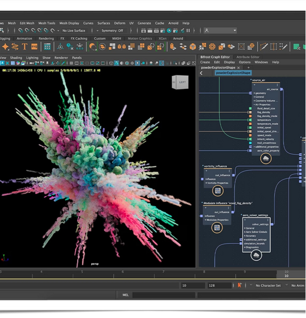 Bifrost inside Autodesk Maya showing a procedural graph beside a rendered effect