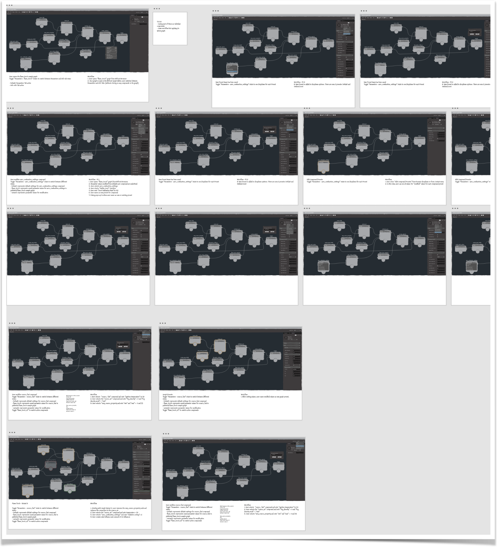 Storyboard showing a Bifrost preset workflow across several interface states