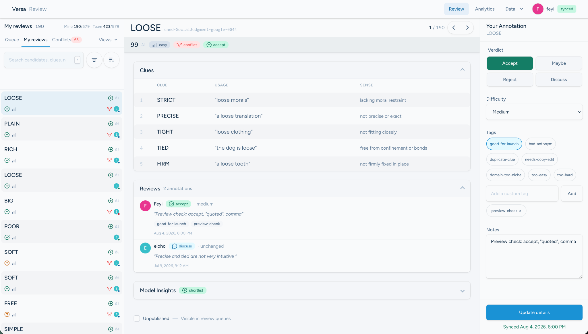 Current Versa Review interface showing the queue, candidate details, model insights, and human annotation panel.